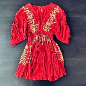 Free People Pineapple Poppy Red Kimono Deep V Dress